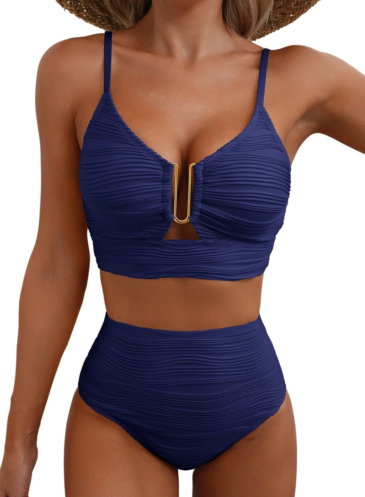 Women's V-Neck Cutout Bikini Set - High Waist Swimwear