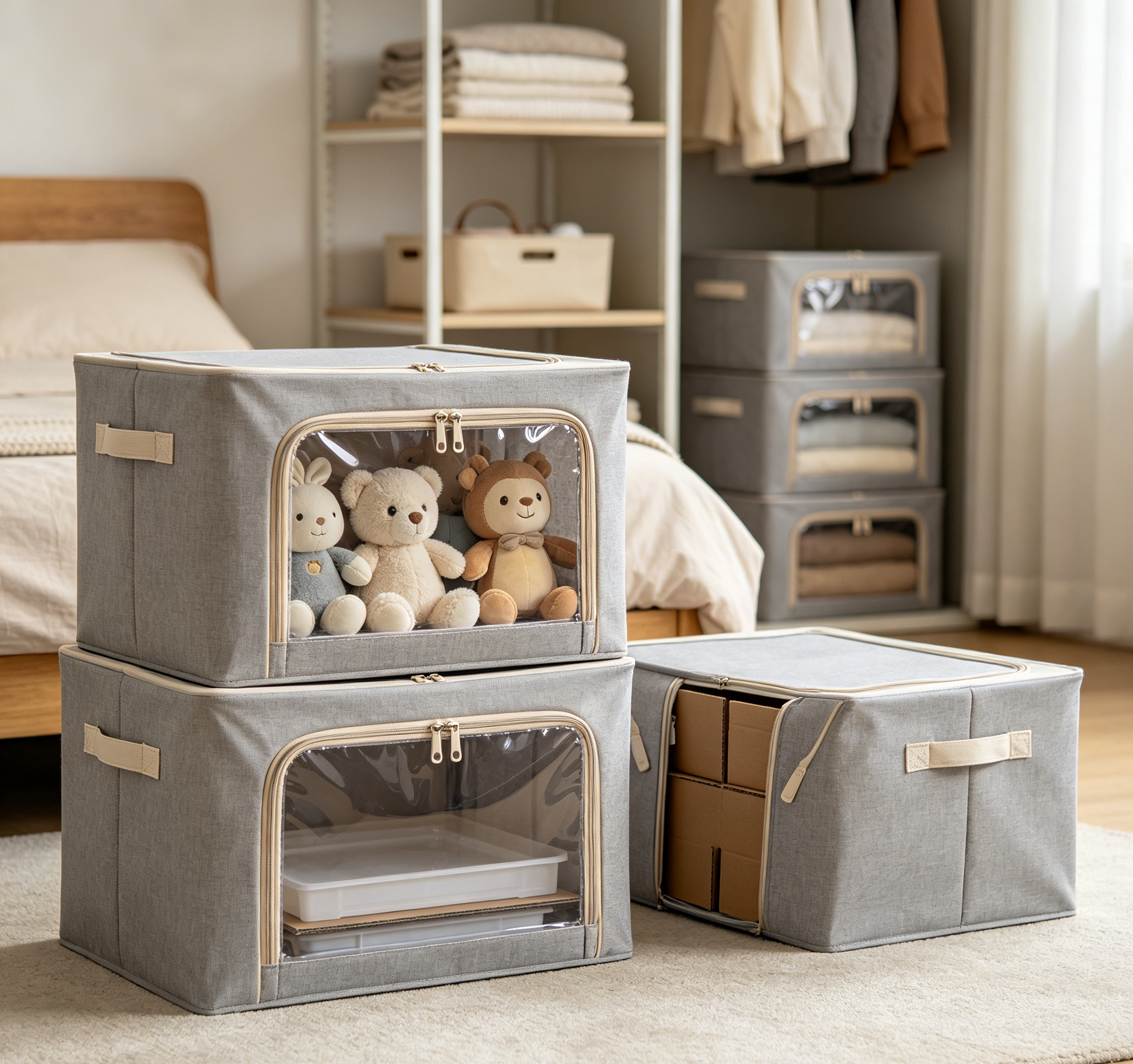 Foldable Storage Bins 3 Pack - gray collapsible fabric bins with clear PVC window and zipper closure