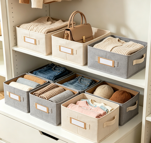 Closet Organizer Bins 6 Pack - beige fabric bins with label holders for shelf storage
