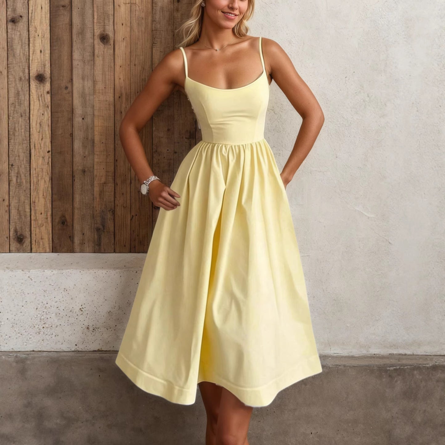 Women's Spaghetti Strap Sundress - Solid Color Casual Summer Midi Dress