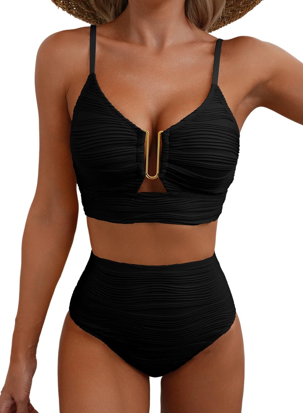 Women's V-Neck Cutout Bikini Set - High Waist Swimwear