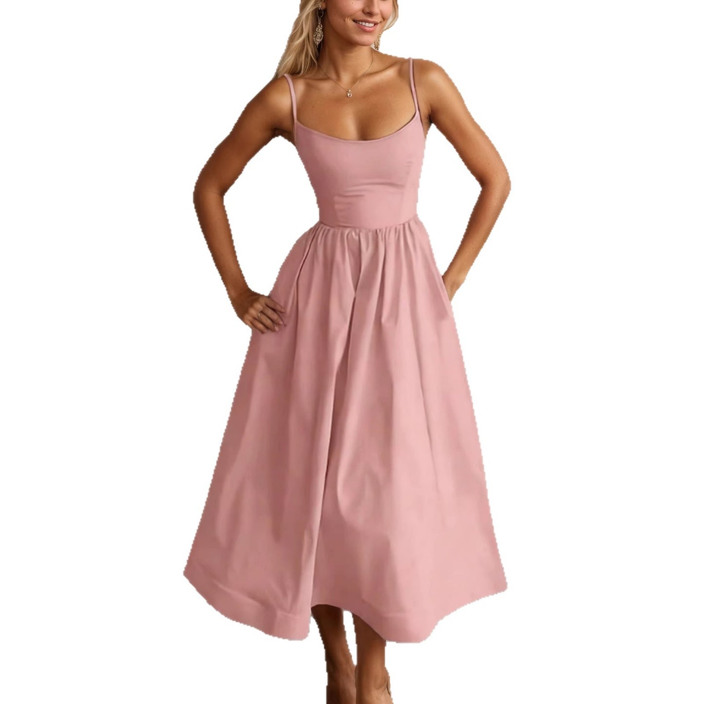Women's Spaghetti Strap Sundress - Solid Color Casual Summer Midi Dress
