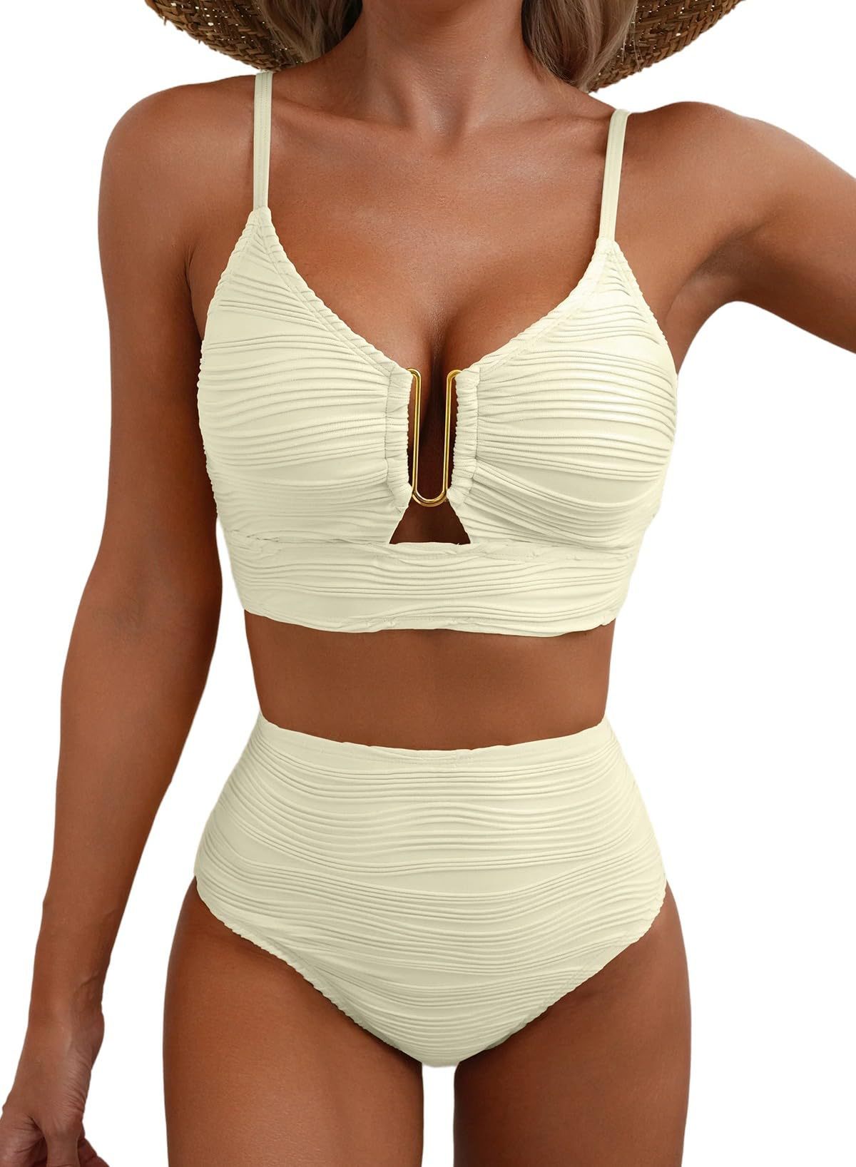 Women's V-Neck Cutout Bikini Set - High Waist Swimwear