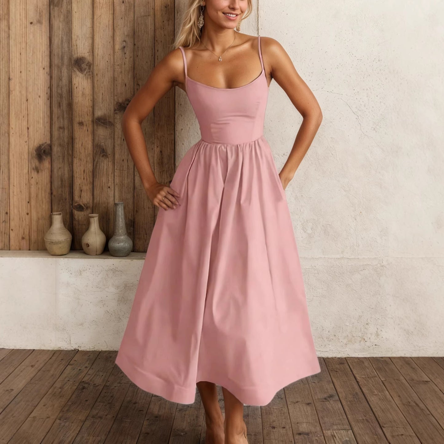 Women's Spaghetti Strap Sundress - Solid Color Casual Summer Midi Dress