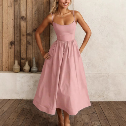 Women's Spaghetti Strap Sundress - Solid Color Casual Summer Midi Dress