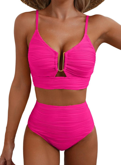 Women's V-Neck Cutout Bikini Set - High Waist Swimwear