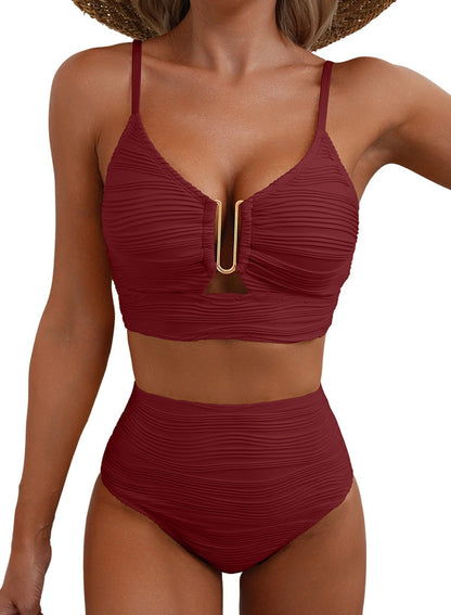 Women's V-Neck Cutout Bikini Set - High Waist Swimwear