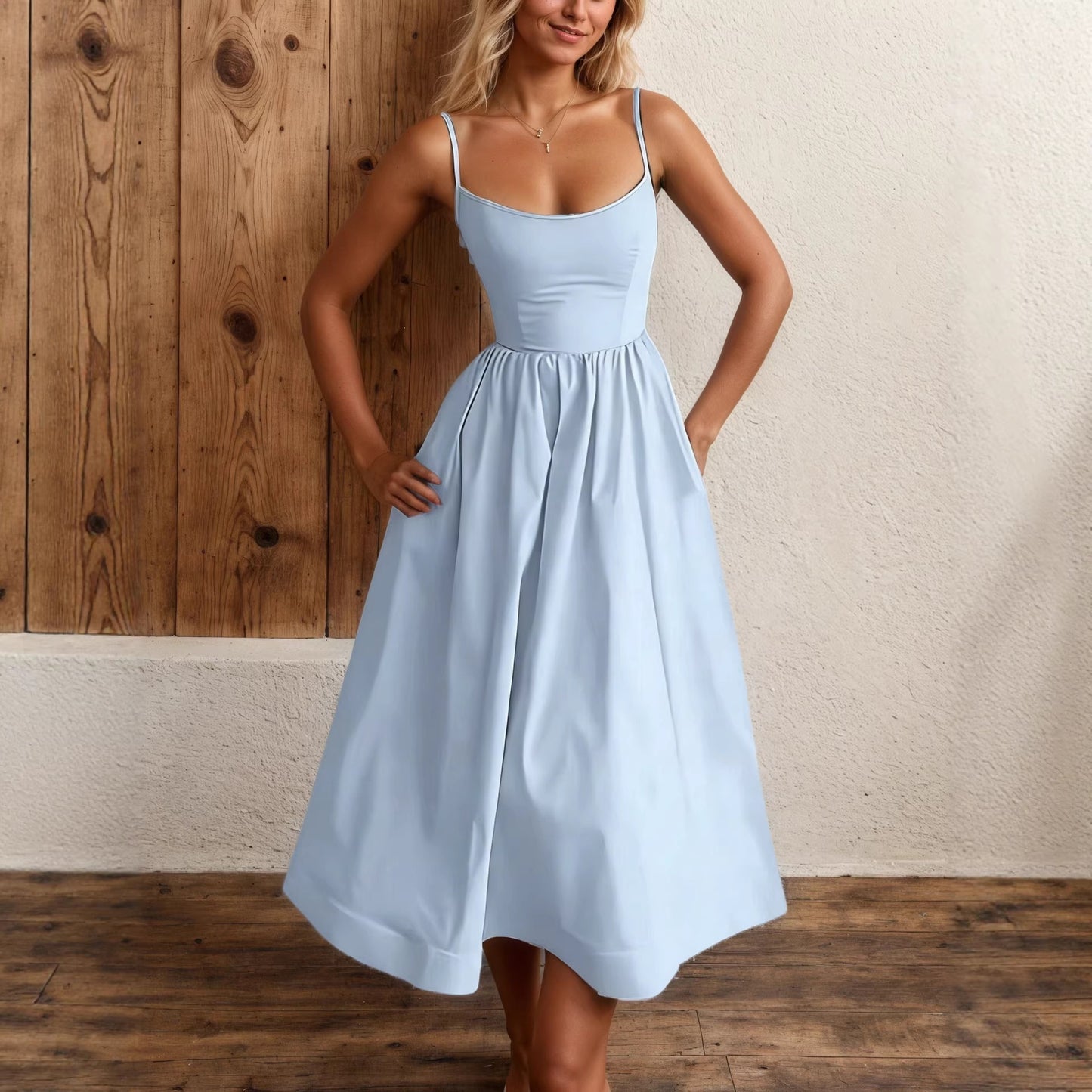 Women's Spaghetti Strap Sundress - Solid Color Casual Summer Midi Dress