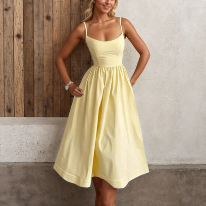 Women's Spaghetti Strap Sundress - Solid Color Casual Summer Midi Dress