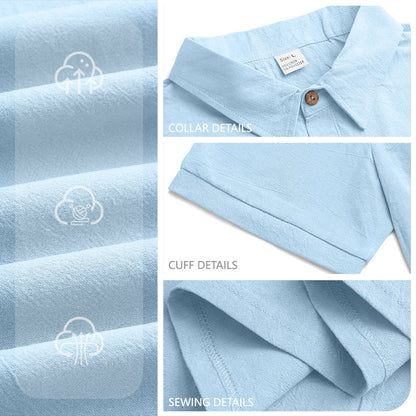 Men's Linen Polo Shirt - Short Sleeve Casual Button Down Summer Top