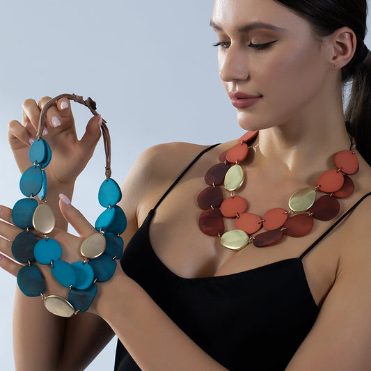 Bohemian Acrylic Necklace - Round Sequined Layered Chain Pendant