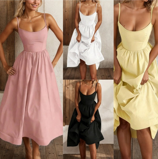 Women's Spaghetti Strap Sundress - Solid Color Casual Summer Midi Dress