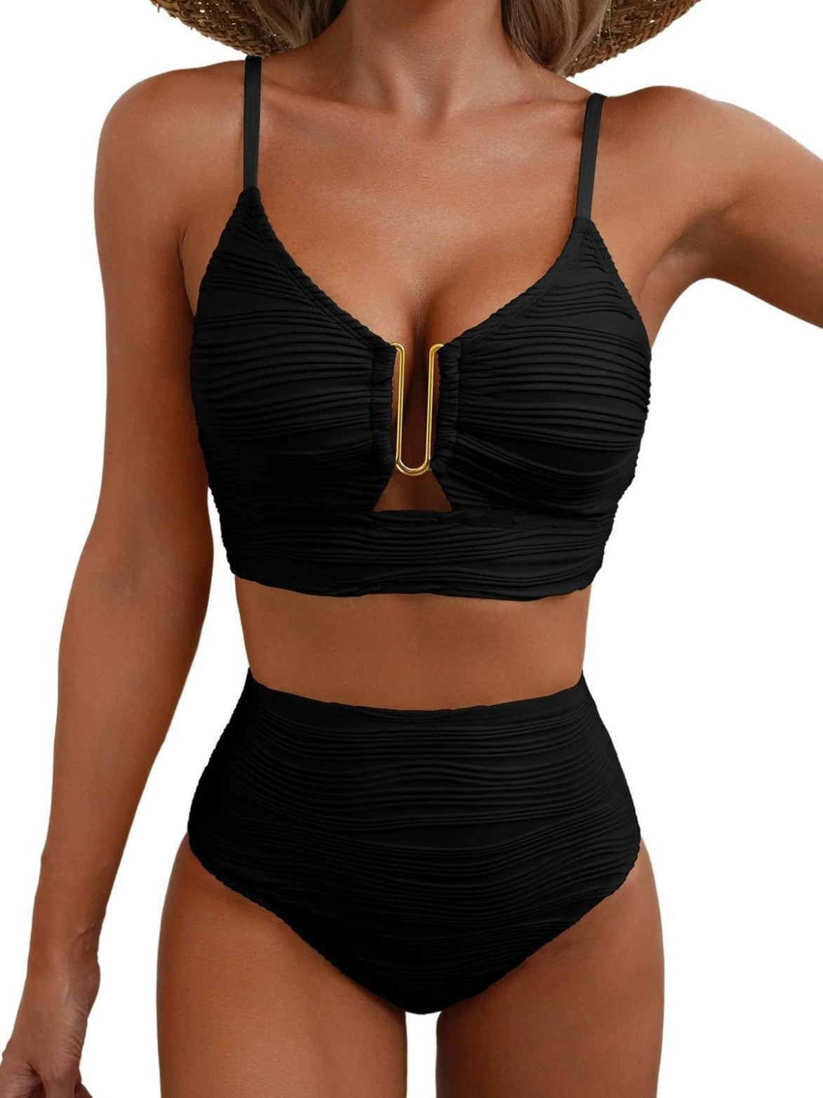 Women's V-Neck Cutout Bikini Set - High Waist Swimwear