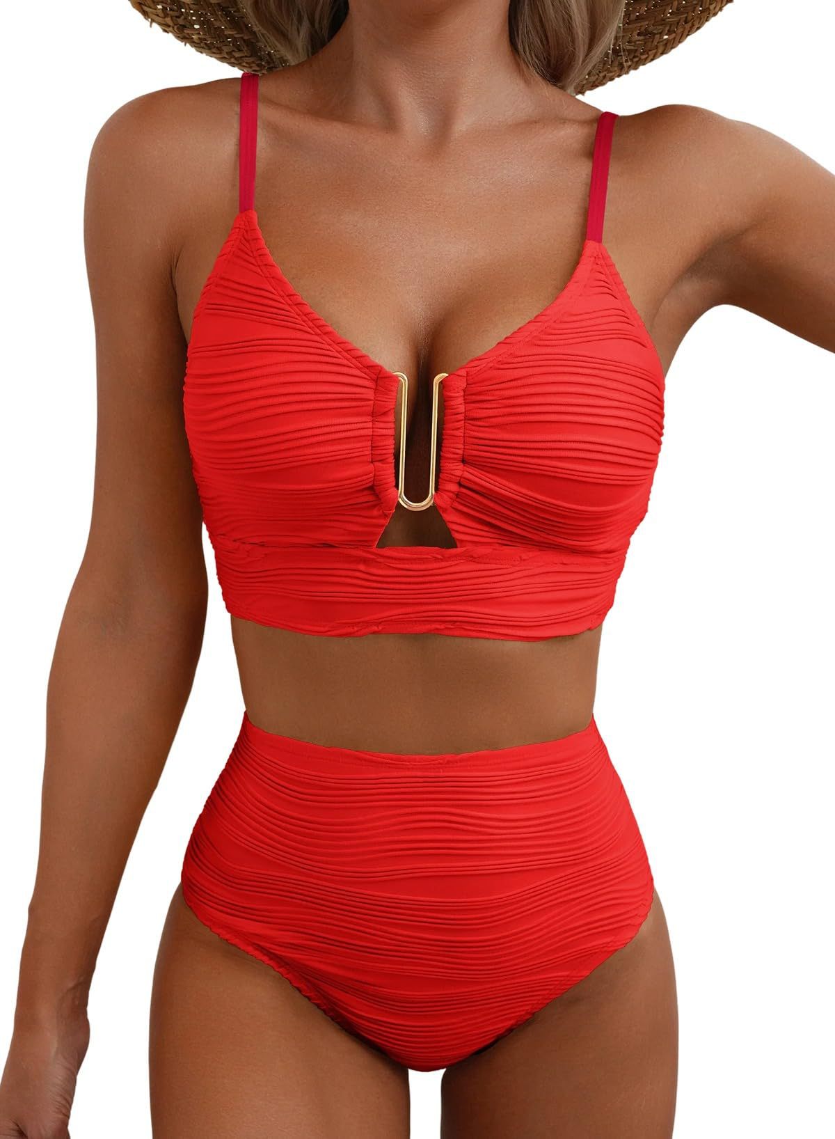 Women's V-Neck Cutout Bikini Set - High Waist Swimwear