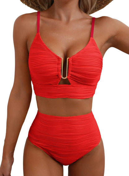 Women's V-Neck Cutout Bikini Set - High Waist Swimwear